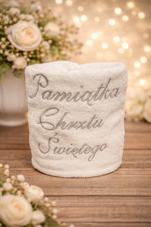 Biały ręcznik z haftem „Pamiątka Chrztu Świętego” 100% bawełna 50 × 100 cm