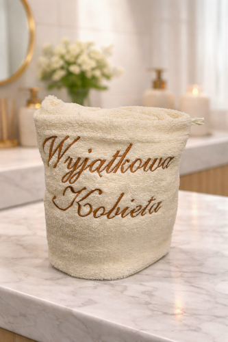 Kremowy ręcznik z haftem „Wyjątkowa Kobieta”, 100% bawełna, 50 × 100 cm