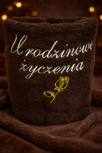 Brązowy ręcznik z haftem „Urodzinowe Życzenia”, 100% bawełna, 50 × 100 cm