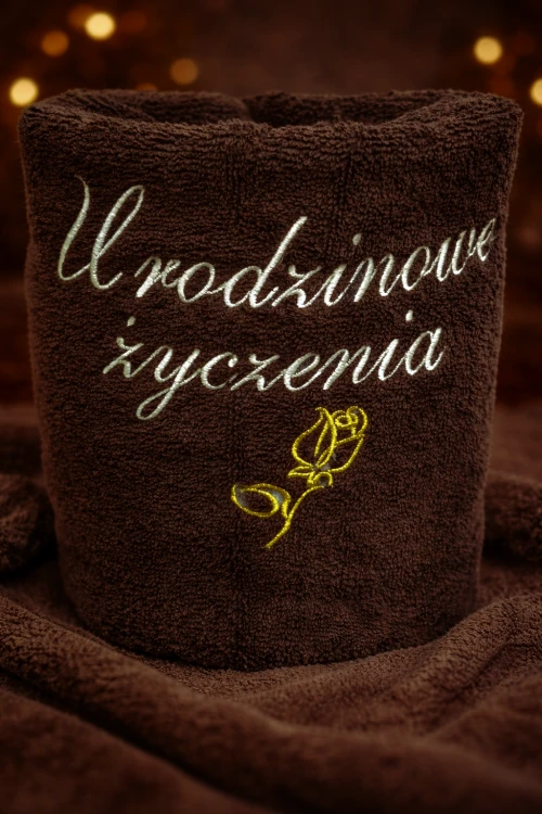 Brązowy ręcznik z haftem „Urodzinowe Życzenia”, 100% bawełna, 50 × 100 cm