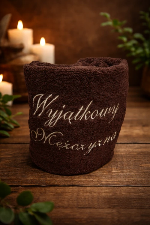 Brązowy ręcznik z haftem „Wyjątkowy Mężczyzna”, 100% bawełna, 50 × 100 cm