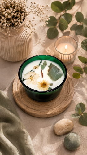 Wyjątkowa świeca sojowa Hop Hare z naturalnym jadeitem, suszonymi kwiatami i drewnianym knotem. Ozdobne pudełko i karta inspirowana tarotem.
